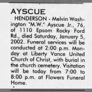 Obituary for Melvin Washington AYSCUE Jr