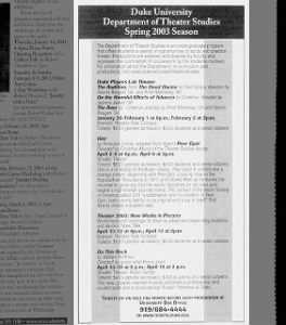 Duke Dept of Theater Studies Spring 2003 Season