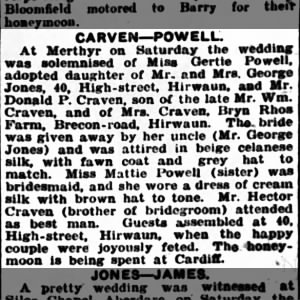 Donald P Craven marries Miss Gertie Powell 1929 
