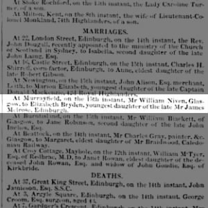 1853 Marriage MELROSE Elizabeth Bryden, dau of late James Melrose to Wm Niven Glasgow