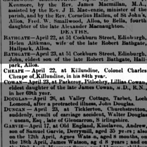 Death Notice of Colonel Charles Cheape