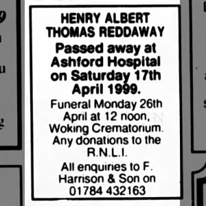 Obituary for HENRY ALBERT THOMAS REDDAWAY