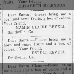 Eva Estell Revell & her sister, Mamie Claire, ask Santa for gifts