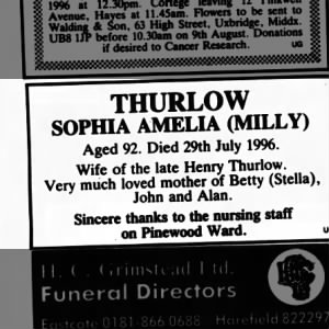 Obituary for SOPHIA AMELIA THURLOW