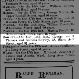 Newspaper clipping of George Rowley death