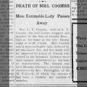 Lucia Viola Lewis Coombs death announcement
1908 Anadarko, OK