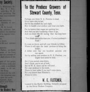 Produce clipping from Dover TN W.E. Fletcher Funny 1922