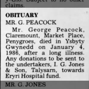 Death Notice of George Peacock, of Claremount, Market Place, Penygroes