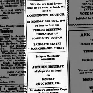 Advert on the meeting to be held on 14th Oct. to discuss the setting up of a CC in the town.