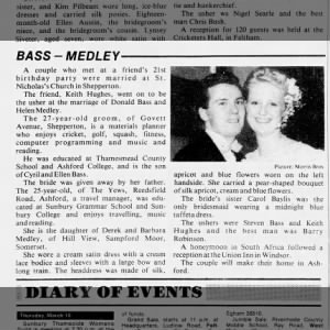 Marriage of Donald Bass and Helen Medley, Mar 1988