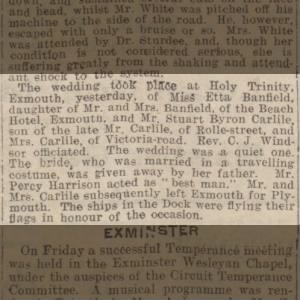 Marriage of Etta Banfield and Stewart Byon Carlile 15 April 1912 = The Western Times Report