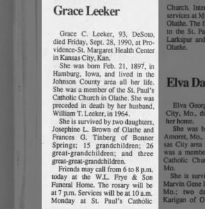 Obituary for Grace C Leeker