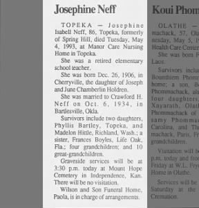 Obituary for Josephine Isabe U Neff