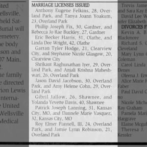 2001 -  Stephanie Nicole Glasgow and Garran Tyler Hodge get marriage license 24 Oct 2001