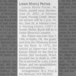 Obituary for Losson Myrtle Prttner