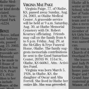 Obituary for Virginia Mae Pake