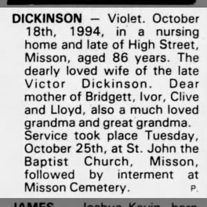 Obituary for  DICKINSON - Violet