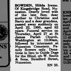 Obituary for Hilda BOWDEN