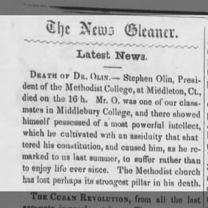 A former classmate thoughts on the death of Rev. Stephen Olin, August 1851
