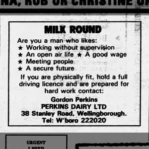 Advert for milkman Perkins Dairy Ltd
Wellingborough and Rushden Herald and Post