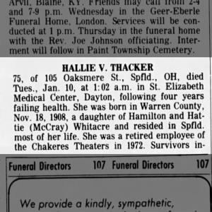 Hallie Thacker Jan 10 1984 obit