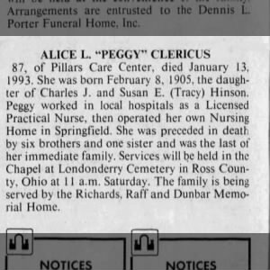 Obituary for ALICE L CLERICUS