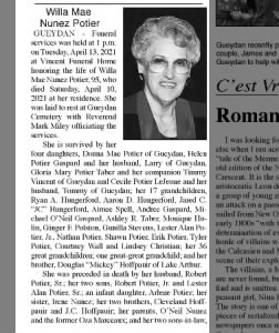 Obituary for Willa Mae Nunez Potier