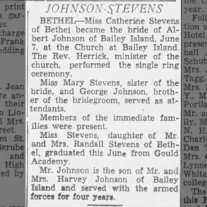 Johnson-Stevens Wedding 13 Jun 1949 - The Lewiston Daily Sun - Lewiston, ME