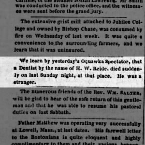 HW Reide , dentist, death
Burlington Hawk-Eye newspaper Sept 27,1849