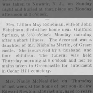 Chambersburg, Pennsylvania · Friday, June 03, 1898  Obituary for Lillian May Esbelman