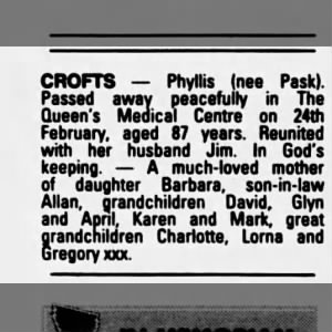 Obituary for Phyllis CROFTS