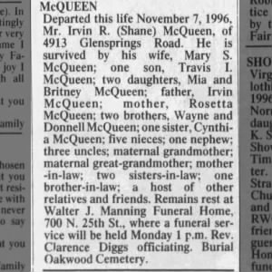 Obituary for Irvin R McQUEEN
