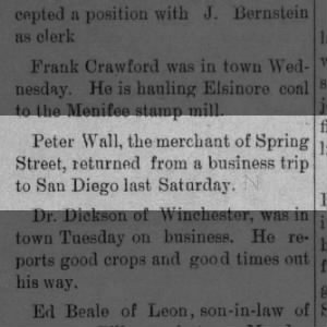 23 Aug 1890 Peter Wall returns from San Diego