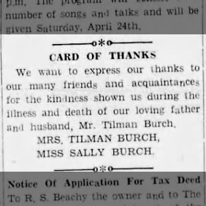 Tilman Burch - Card of Thanks
Democrat-American
Sallisaw, Oklahoma
22 Apr 1937