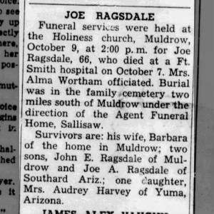 Obituary for JOE RAGSDALE