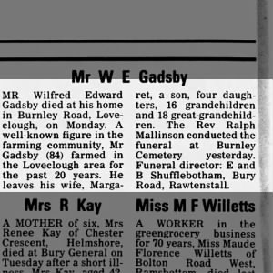 Obituary for Wilfred Edward Gadsby
