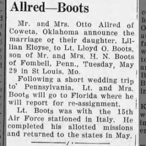 1945 Marriage of Lillian Allred to Lloyd O. Boots