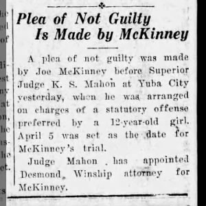 not guilty plea for Joe McKinney - who will get convicted by June 1927 for rape