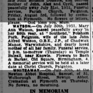 Death of Mary Ann Watson 30-7-1951