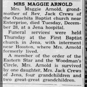 Obituary for MAGGIE ARNOLD