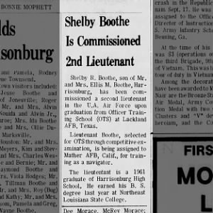 Shelby Boothe Is Cmissioned 2nd Ltd in The Catahoula News-Booster 10-02-1969
