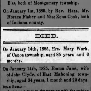 Death of Mrs. Mary Work, Jan 14, 1885