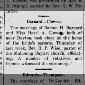 Barton and Hazel wedding announcement
at the Clowes Family Home 1917