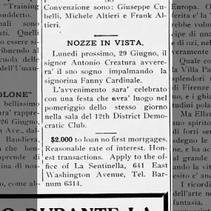 Antonio and Fanny Cardinale marriage in the newspaper