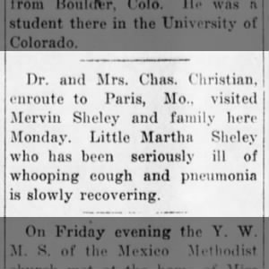 Martha Sheley Seriously Ill with Whooping Cough and Pneumonia