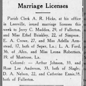 Notice of Marriage License - David Alfred Nelson and Catherine Ennis