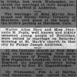Marriage Announcement of Walter Allen Nero and Jeannette M Pepin