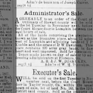 1869 GA Stewart Co sale of W H Dismukes land by Admins AH & JW Dismukes