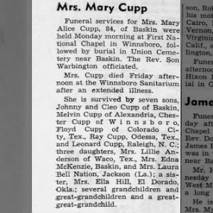 Obituary for Mary Alice Cupp