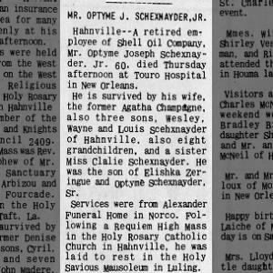Obituary for Optyme Joseph SCHEXNAYDERJR